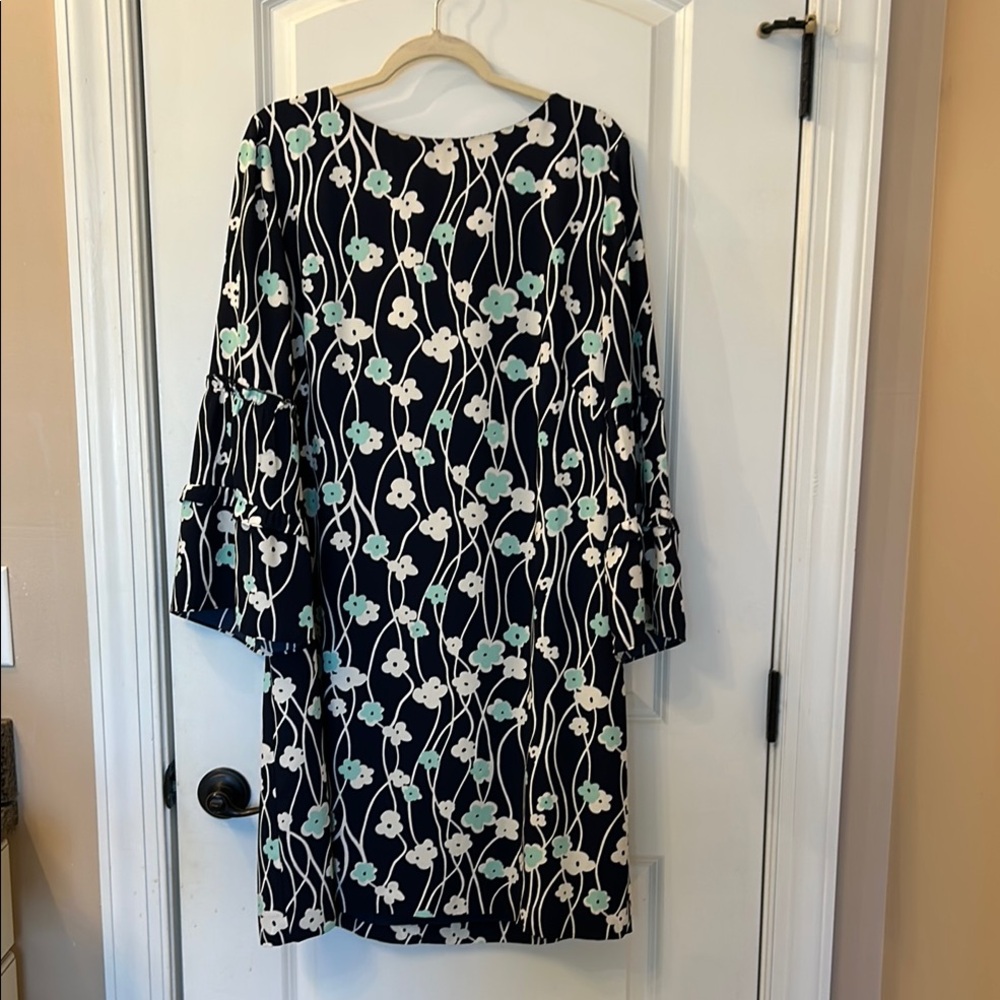 Talbots Blue and White Long Sleeve Bell Sleeve Sheath Dress for Casual